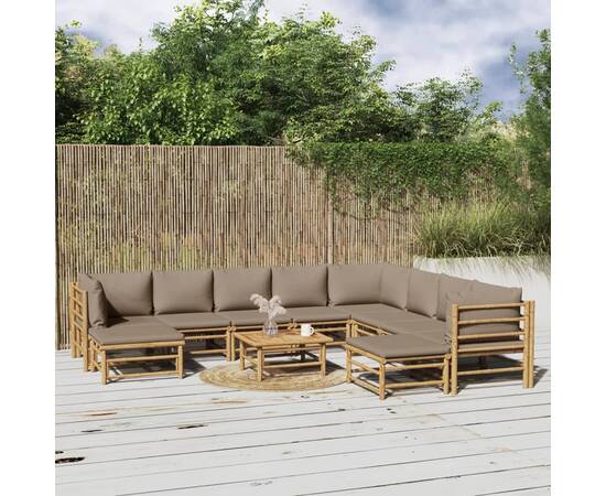 Set mobilier de grădină cu perne gri taupe, 11 piese, bambus