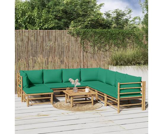 Set mobilier de grădină cu perne verzi, 9 piese, bambus