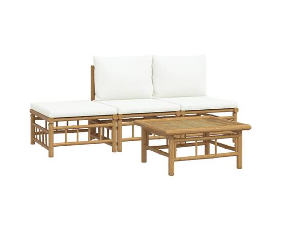 Set mobilier de grădină, cu perne alb crem, 4 piese, bambus, 3 image