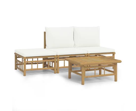 Set mobilier de grădină, cu perne alb crem, 4 piese, bambus, 2 image