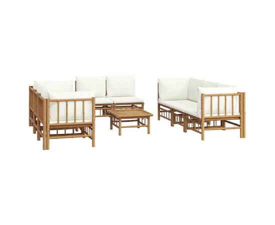 Set mobilier de grădină, cu perne alb crem, 9 piese, bambus, 3 image