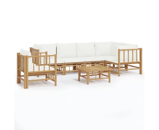 Set mobilier de grădină cu perne alb crem, 7 piese, bambus, 2 image