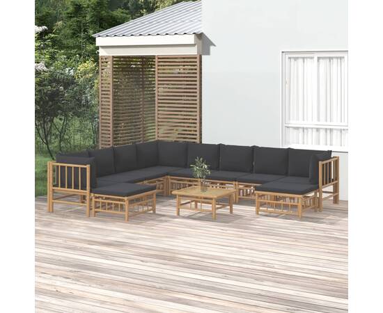 Set mobilier de grădină cu perne gri închis, 11 piese, bambus