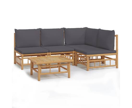 Set mobilier de grădină cu perne gri închis, 5 piese, bambus, 2 image
