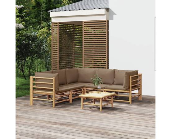 Set mobilier de grădină cu perne gri taupe, 6 piese, bambus