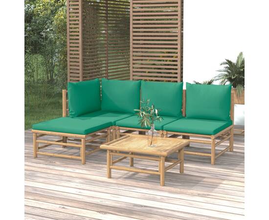 Set mobilier de grădină cu perne verzi, 5 piese, bambus