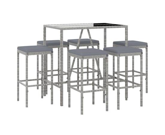 Set mobilier bar de grădină cu perne, 7 piese, gri, poliratan, 3 image