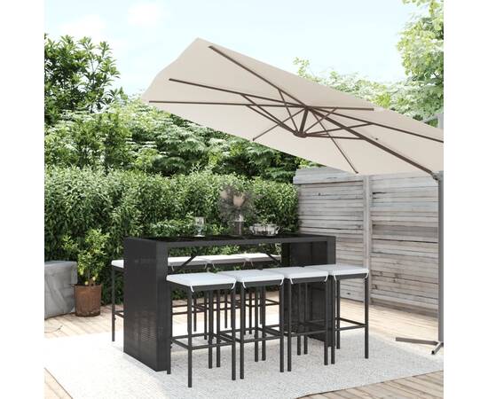 Set mobilier bar de grădină cu perne, 9 piese, negru, poliratan