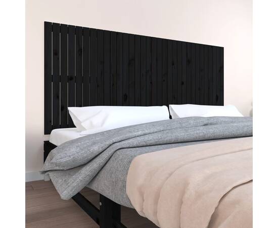 Tăblie de pat pentru perete, negru, 204x3x90 cm, lemn masiv pin