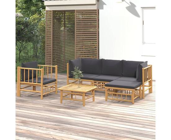 Set mobilier de grădină cu perne gri închis, 6 piese, bambus