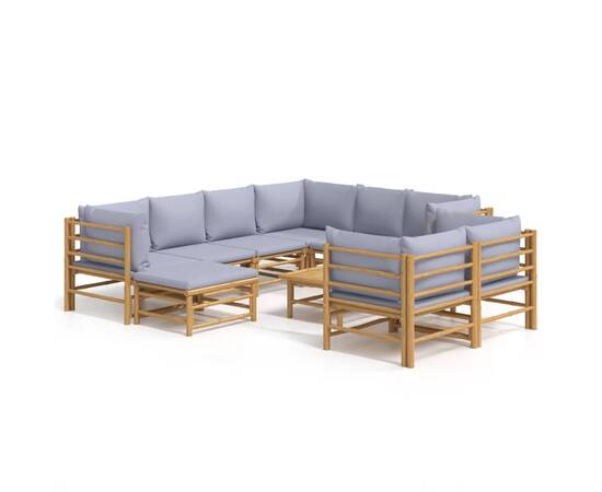 Set mobilier de grădină cu perne gri deschis, 10 piese, bambus, 2 image