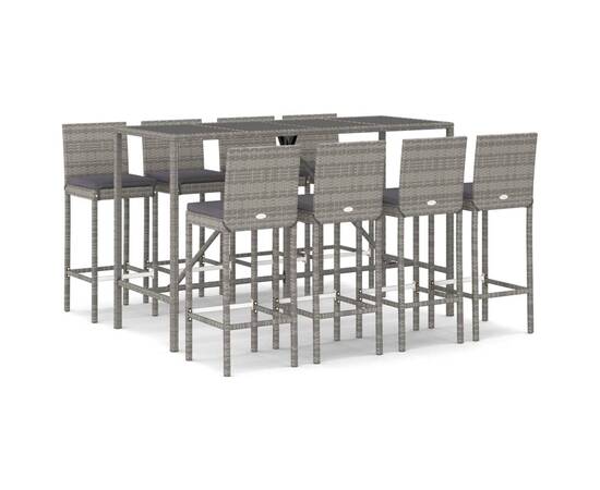 Set mobilier bar de grădină, cu perne, 9 piese, gri, poliratan, 2 image