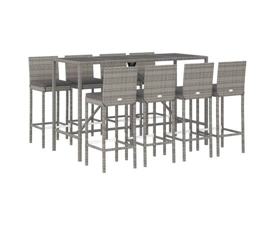 Set mobilier bar de grădină, cu perne, 9 piese, gri, poliratan, 3 image