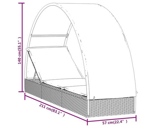 Șezlong cu acoperiș rotund, gri, 211x57x140 cm, poliratan, 11 image