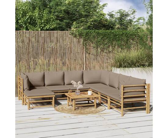 Set mobilier de grădină cu perne gri taupe, 9 piese, bambus