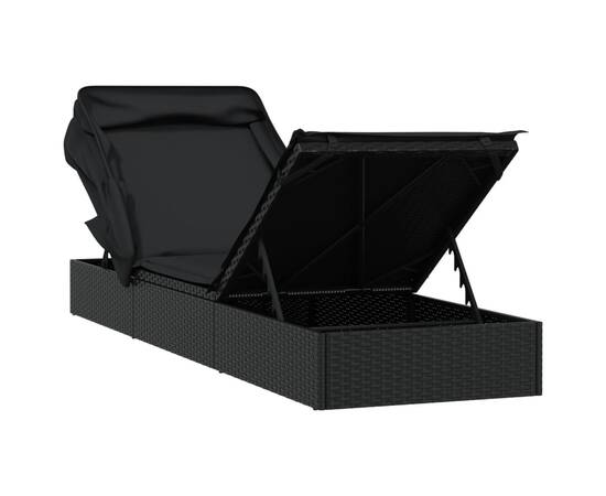 Șezlong cu acoperiș pliabil, negru, 213x63x97 cm, poliratan, 9 image