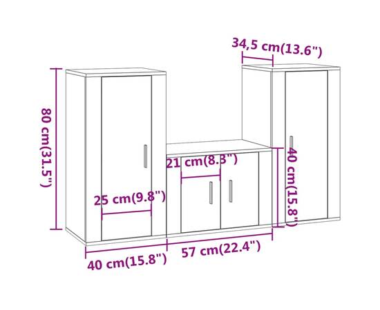 Set comodă tv, 3 piese, alb, lemn prelucrat, 8 image