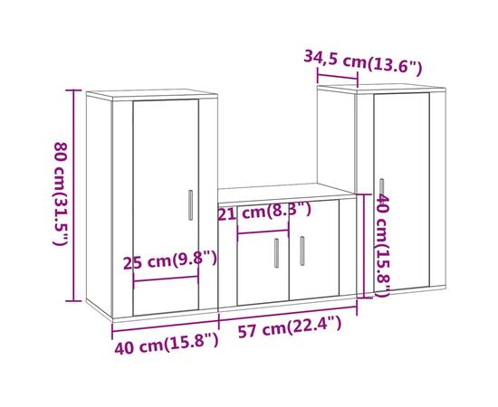 Set dulap tv, 3 piese, gri sonoma, lemn prelucrat, 8 image