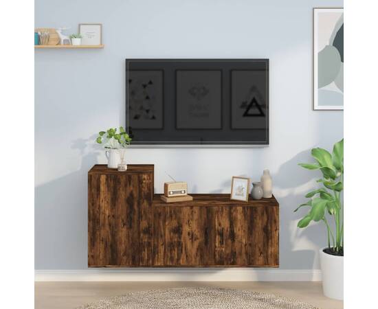 Set dulapuri tv, 2 piese, stejar fumuriu, lemn prelucrat