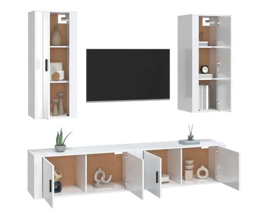 Set dulap tv, 4 piese, alb extralucios, lemn prelucrat, 3 image