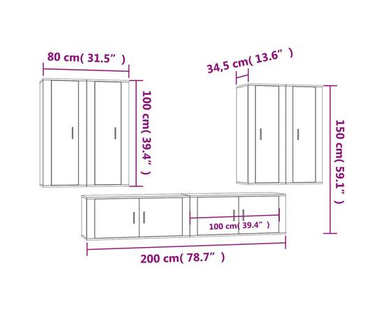 Set dulap tv, 6 piese, alb extralucios, lemn prelucrat, 9 image