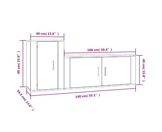 Set dulapuri tv, 2 piese, gri sonoma, lemn prelucrat, 8 image