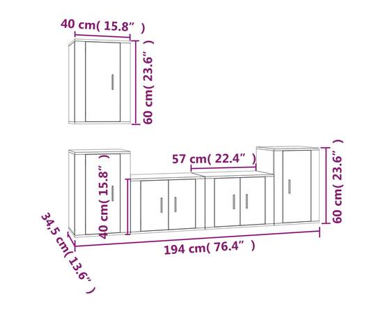 Set dulapuri tv, 5 piese, stejar fumuriu, lemn prelucrat, 7 image