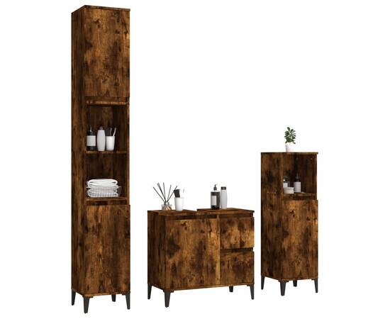 Set dulapuri de baie, 3 piese, stejar afumat, lemn prelucrat, 3 image