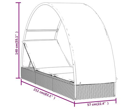 Șezlong cu acoperiș rotund, maro, 211x57x140 cm, poliratan, 11 image