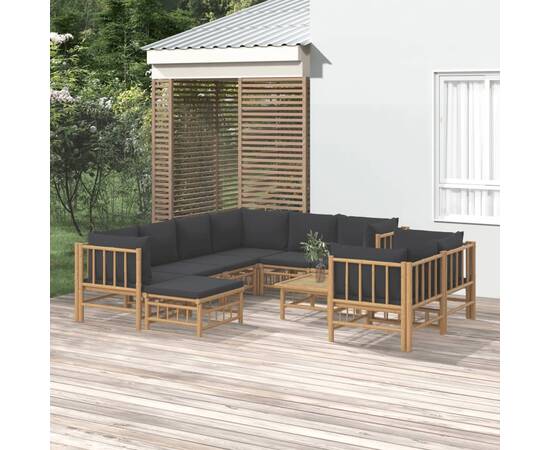 Set mobilier de grădină cu perne gri închis, 10 piese, bambus