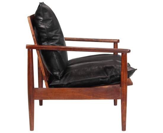 Canapea cu 2 locuri, negru, piele naturală & lemn masiv acacia, 3 image