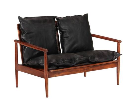 Canapea cu 2 locuri, negru, piele naturală & lemn masiv acacia, 9 image