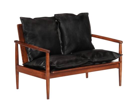 Canapea cu 2 locuri, negru, piele naturală & lemn masiv acacia, 11 image