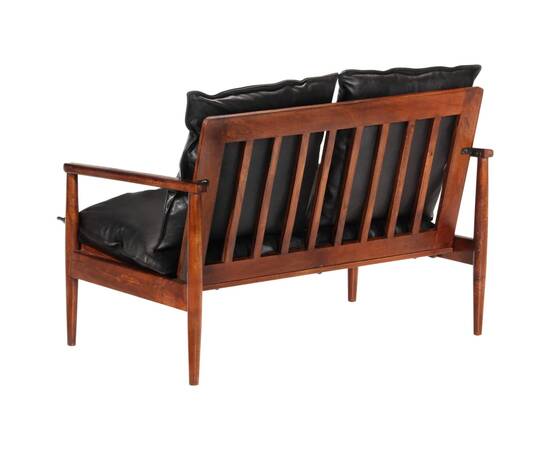 Canapea cu 2 locuri, negru, piele naturală & lemn masiv acacia, 4 image