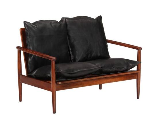 Canapea cu 2 locuri, negru, piele naturală & lemn masiv acacia, 8 image