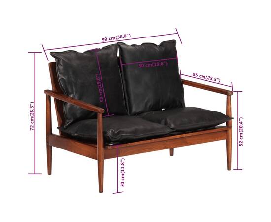 Canapea cu 2 locuri, negru, piele naturală & lemn masiv acacia, 7 image