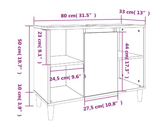 Dulap de chiuvetă, gri beton, 80x33x60 cm, lemn prelucrat, 11 image