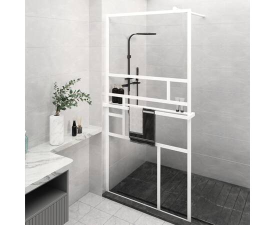 Paravan duș walk-in cu raft alb 100x195 cm sticlă esg/aluminiu