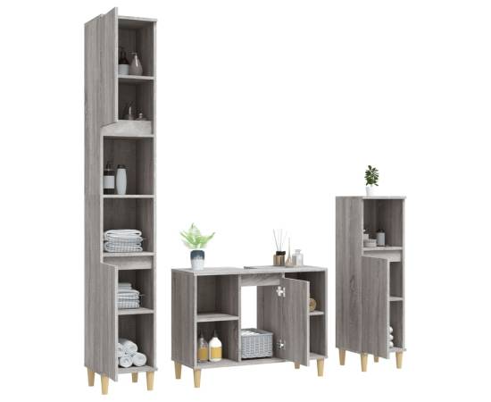 Set mobilier de baie, 3 piese, gri sonoma, lemn prelucrat, 4 image