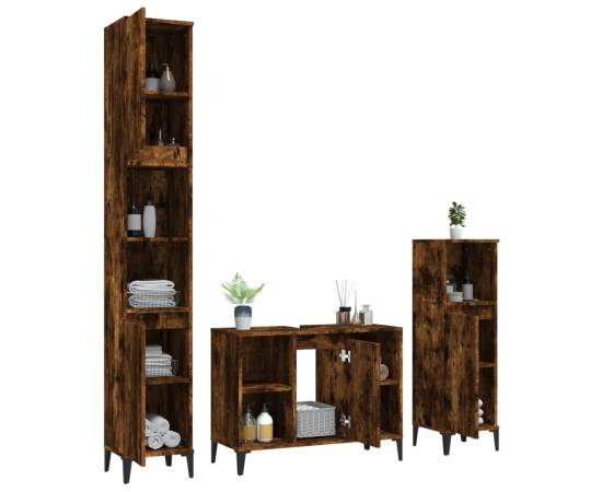 Set mobilier de baie, 3 piese, stejar fumuriu, lemn prelucrat, 3 image