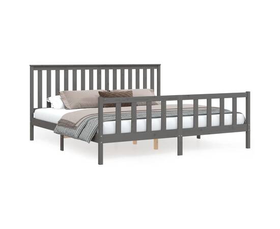 Cadru pat cu tăblie 200x200 cm, gri, lemn masiv de pin, 2 image