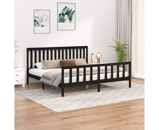 Cadru pat cu tăblie 200x200 cm, negru, lemn masiv de pin