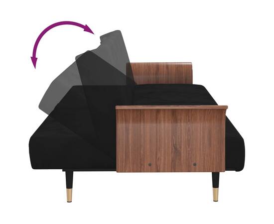 Canapea extensibilă cu suporturi de pahare, negru, catifea, 9 image