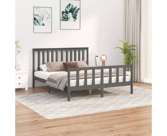 Cadru de pat cu tăblie king size 5ft, gri, 150x200 cm, lemn pin