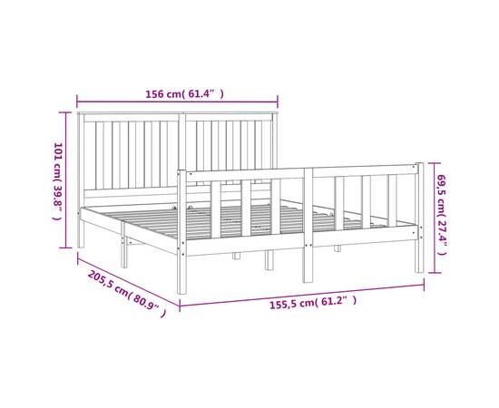 Cadru de pat cu tăblie king size 5ft, gri, 150x200 cm, lemn pin, 6 image