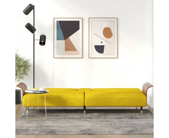 Canapea extensibilă cu suporturi de pahare, galben, catifea, 3 image