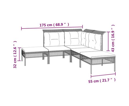 Set mobilier de grădină cu perne, 5 piese, gri, poliratan, 8 image