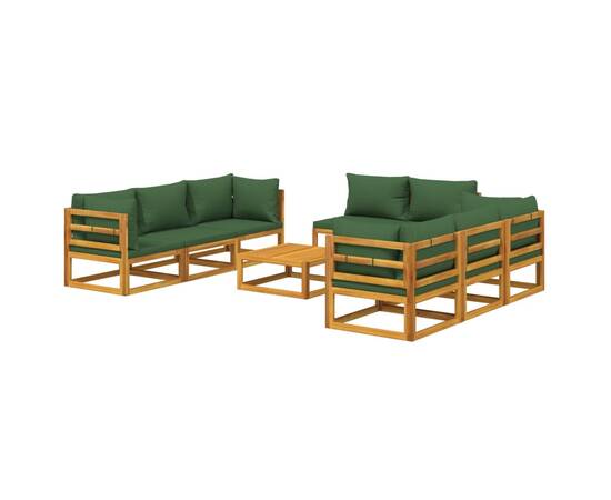 Set mobilier de grădină cu perne verzi, 9 piese, lemn masiv, 3 image