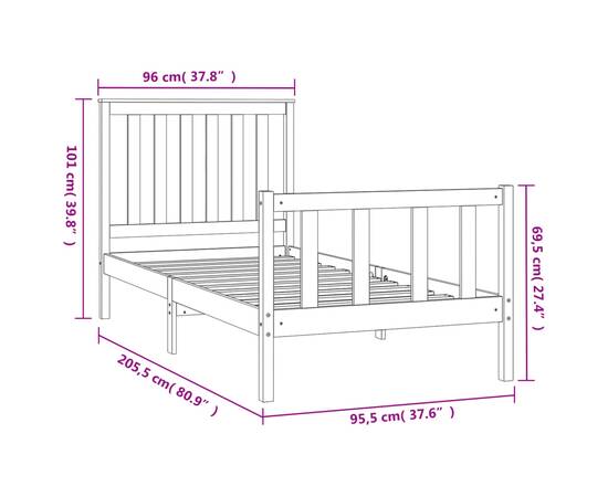 Cadru de pat cu tăblie, negru, 90x200 cm, lemn masiv de pin, 6 image