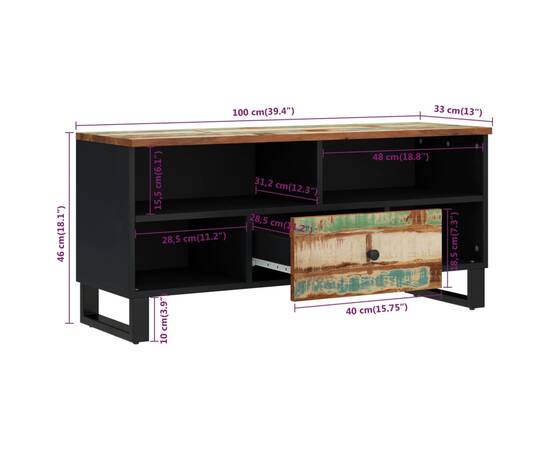 Dulap tv, 100x33x46 cm, lemn masiv reciclat&lemn prelucrat, 8 image